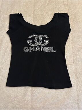 CHANEL Black Short Sleeve Rhinestone Logo Tee